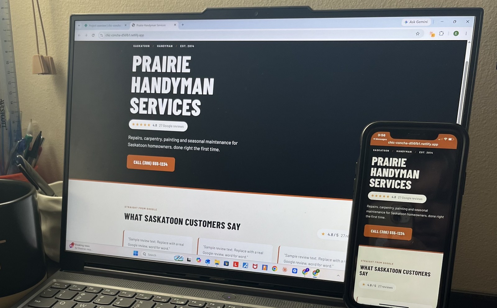 An example trades website design shown on a laptop and a phone